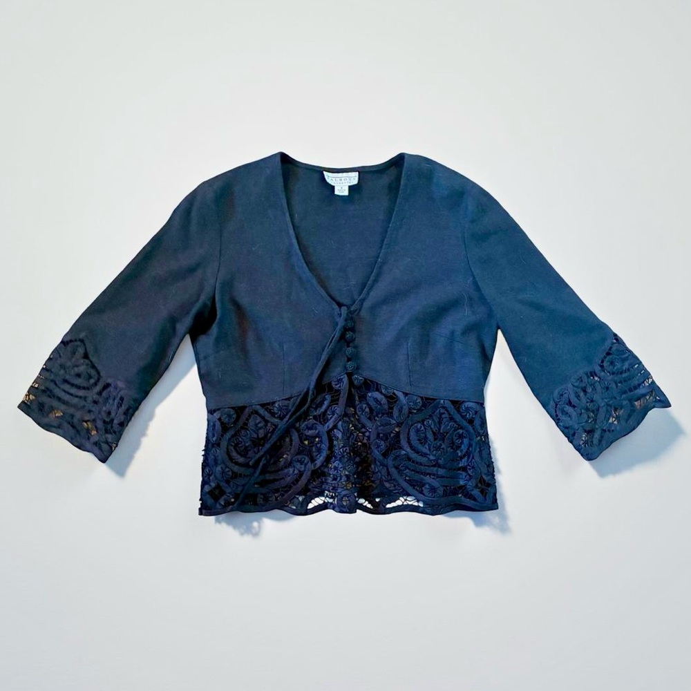 Talbots Black V-Neck Button, Bow, and Lace Cardigan